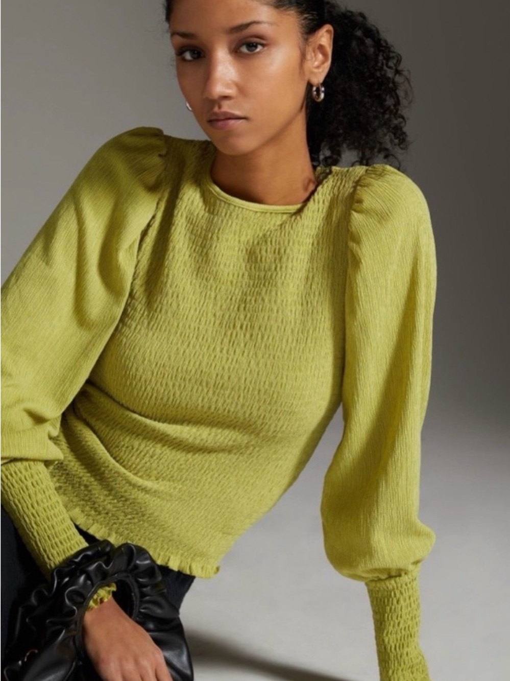 Anthropologie Chartreuse Puff-Sleeve Textured Long-Sleeve Top
